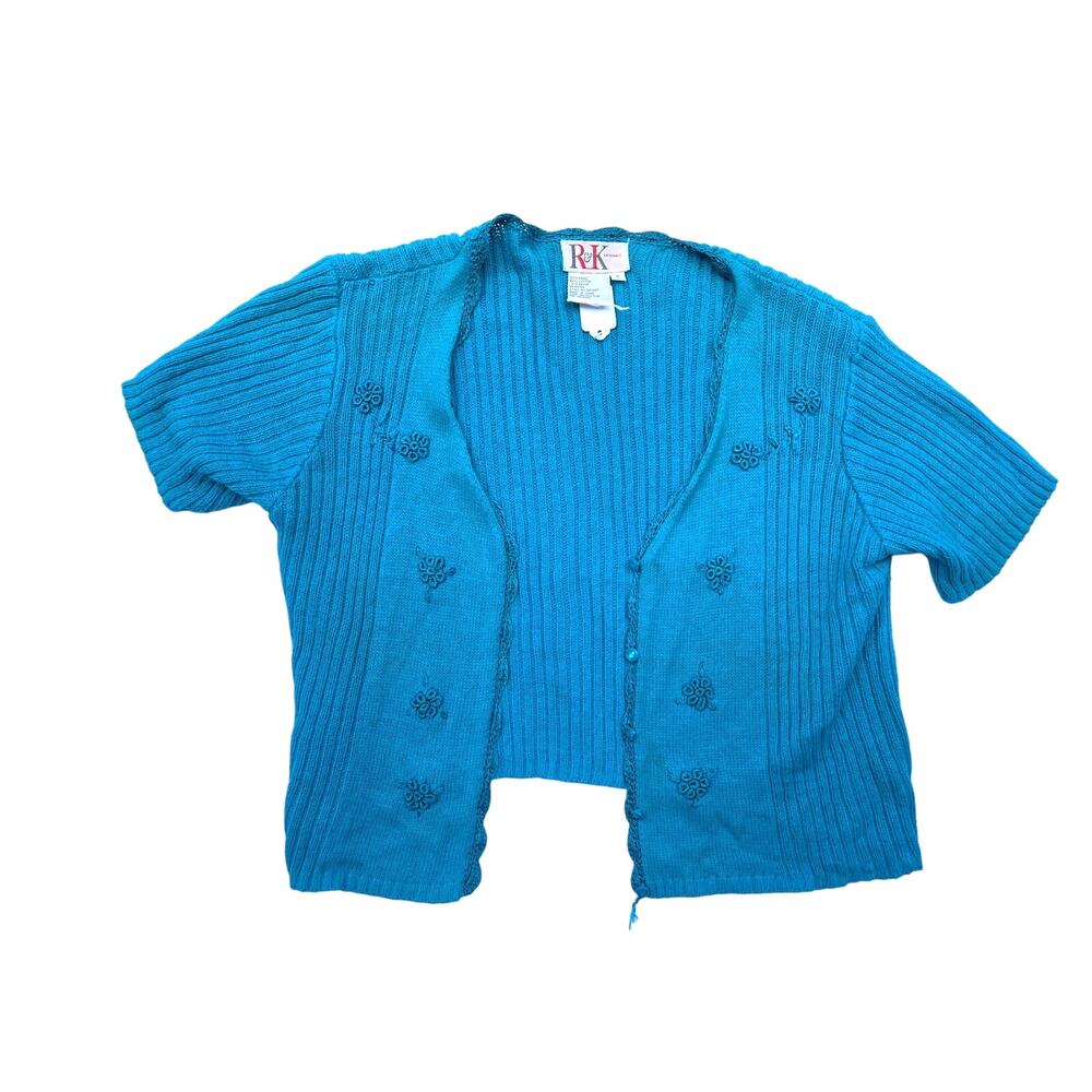 R&K ORIGINAL, SIZE 8, BLUE, SHORT SLEEVE SWEATER, CROCHET